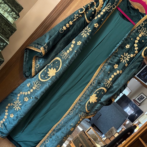 The Hippie Shake Jackets & Blazers - The Hippie Shake Embroidered Teal Velvet Long Coat with Gold Accents